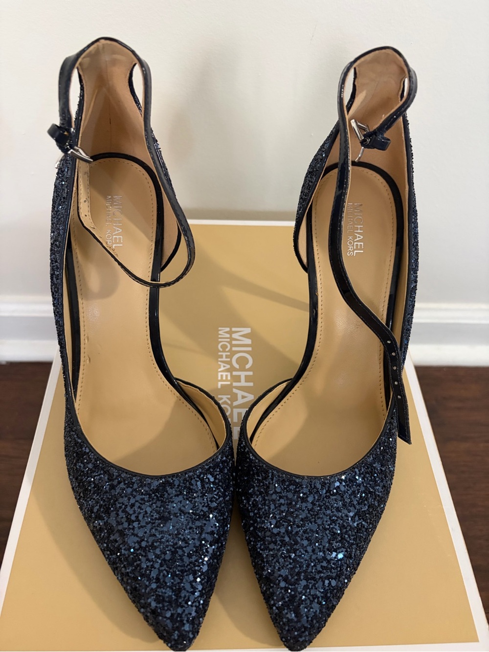 Michael Kors Navy Glitter Pointed Toe Ankle-Strap Heels
